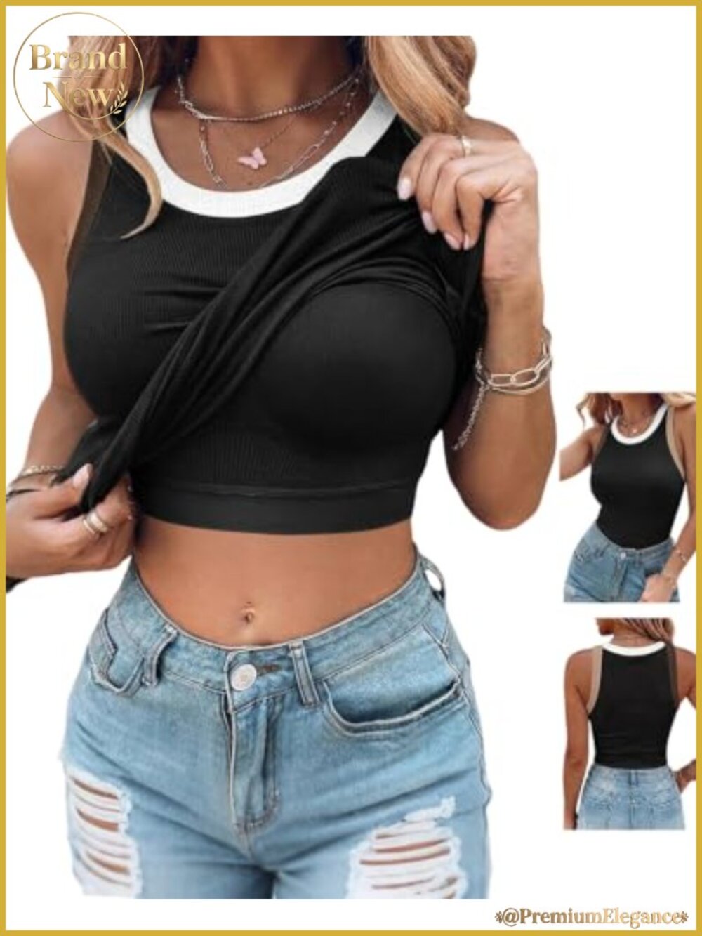 Sleeveless Ribbed Tank Top with Built-in Bra, Racerback, Crew Neck, High Support
